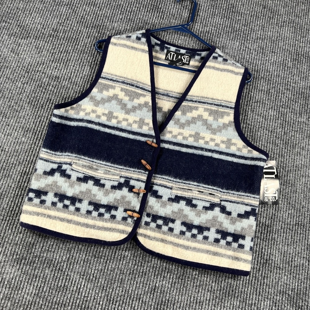 Atlast & Co Vest Mens Large Navy Gray Wool Blend Southwestern Toggle ZGHE6513